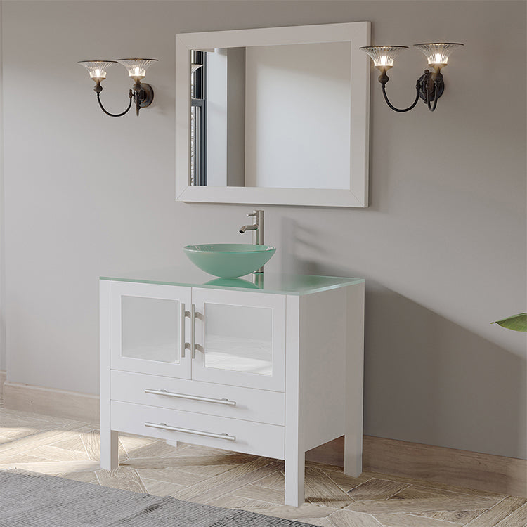 36 Inch White Wood and Glass Vessel Sink Vanity Set