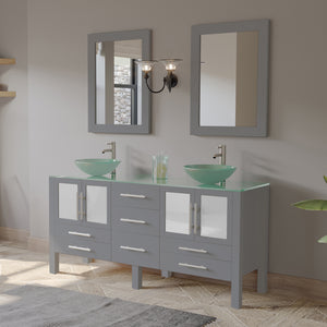 72 Inch Gray Wood and Glass Vessel Sink Double Vanity Set