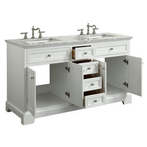 Eviva Monroe 60 in.  Double Bathroom Vanity  with White Carrara Marble Top and White Under-mount Porcelain Sinks